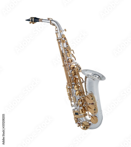 Nickel Gold Alto Saxophone  Woodwind Music Instrument Isolated on White background