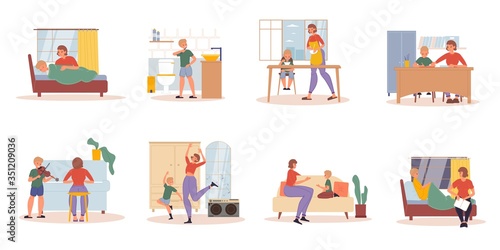 Happy mother son everyday activity daily life schedule scene set. Mom wake-up, feed, teach boy math, music, dance. Child brush teeth, study, talk to mommy, listen to fairytale in bed. Loving relation