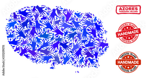 Vector handmade combination of Terceira Island map and corroded stamp seals. Mosaic Terceira Island map is done with scattered blue hands. Rounded and awry red seals with unclean rubber texture.