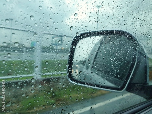 water drops on car window.Rainy day background with copy space. Entering the rainy season.