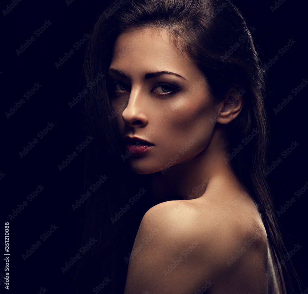 Beautiful makeup sexy woman with nude back on black background with empty  copy space. Closeup profile view portrait. Art. Stock Photo | Adobe Stock
