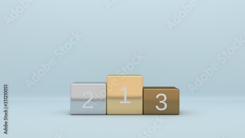 Winner podium rank 1, 2 and 3 with concept of gold, silver and bronze. 3D Illustration