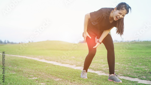 Thigh injury accident in sport exercise running jogging.sprain or cramp Overtrained injured person when training exercising or running outdoors.