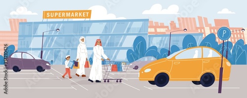 Happy arab family going to grocery store. Daily routine, everyday activity, food shopping. Father, mother, son in traditional dress hold purchases outdoor. Car at parking. City supermarket building