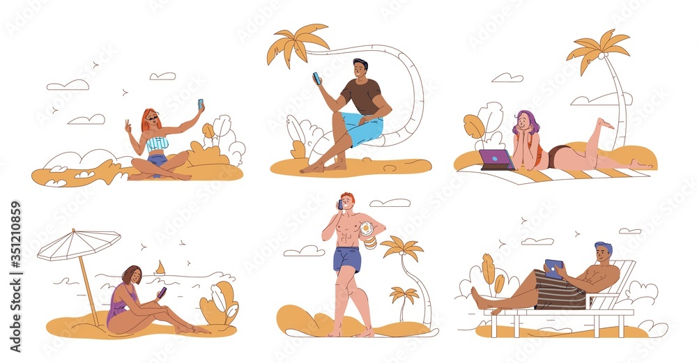 People tourist surfing internet using mobile gadgets. Man woman taking selfie, having call, watching video, networking, chatting, working online rest on beach. Digital communication, remote work People tourist surfing internet using mobile gadgets. Man woman taking selfie, having call, watching video, networking, chatting, working online rest on beach. Digital communication, remote work