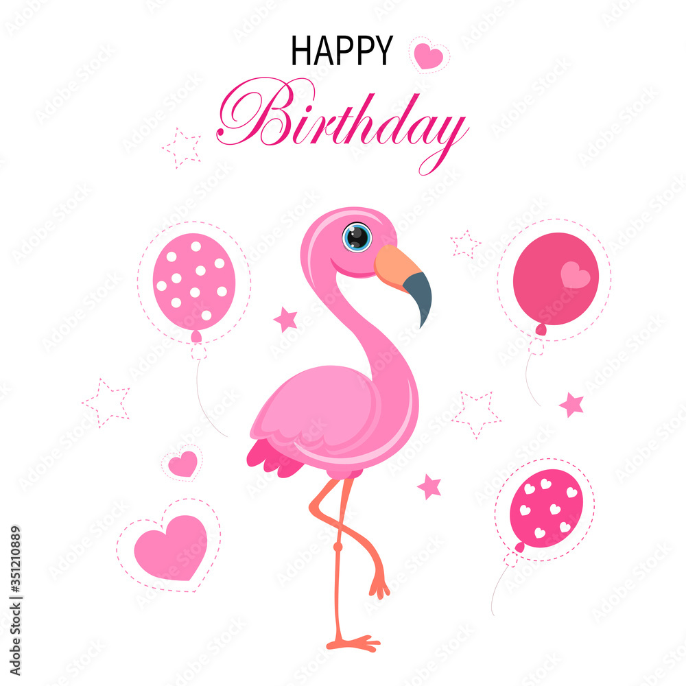 Fototapeta premium Illustration with flamingo and the inscription happy birthday. Greeting card with flamingo, balloon and the inscription. Happy birthday greeting card with flamingos, balloons.