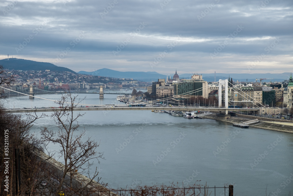 Aerial view of Elizabeth Bridge on Danube river. Budapest, Hungary