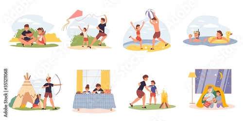 Brother sister everyday life daily activities scene set. Boy girl eat watermelon dinner  fly kite  play ball on beach indian in park  swimming in river  fry marshmallows on picnic  read fairytale
