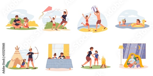 Brother sister everyday life daily activities scene set. Boy girl eat watermelon dinner, fly kite, play ball on beach indian in park, swimming in river, fry marshmallows on picnic, read fairytale