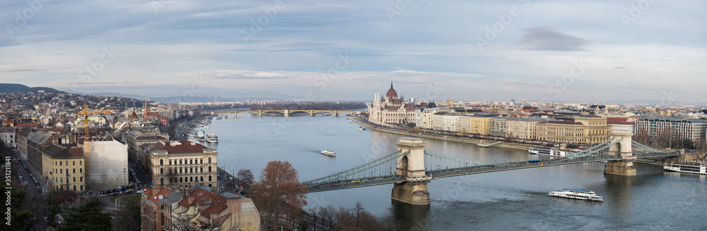 Large Panoramic overview of Budapest on Danube river