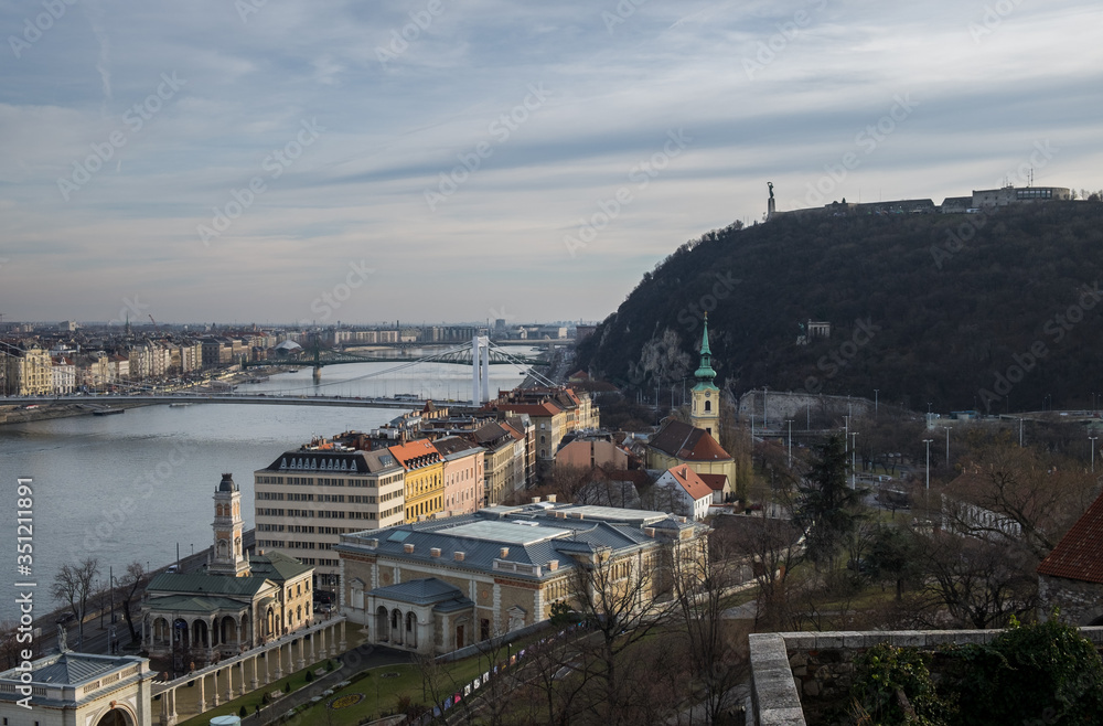 Panoramic view of Gellert Hill at cold foggy day. Budapest. Hungary