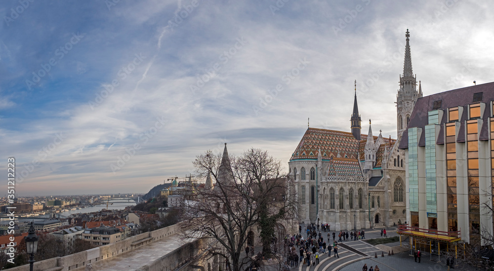 Panoramic view of the Fisherman's Bastion(Buda Castle). Castle Hill District (Varhegy), Buda, Budapest, Hungary