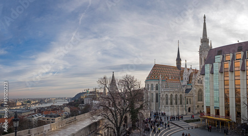 Panoramic view of the Fisherman's Bastion(Buda Castle). Castle Hill District (Varhegy), Buda, Budapest, Hungary