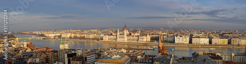 Very large Panoramic overview of Budapest Parliament on Danube river at sunset