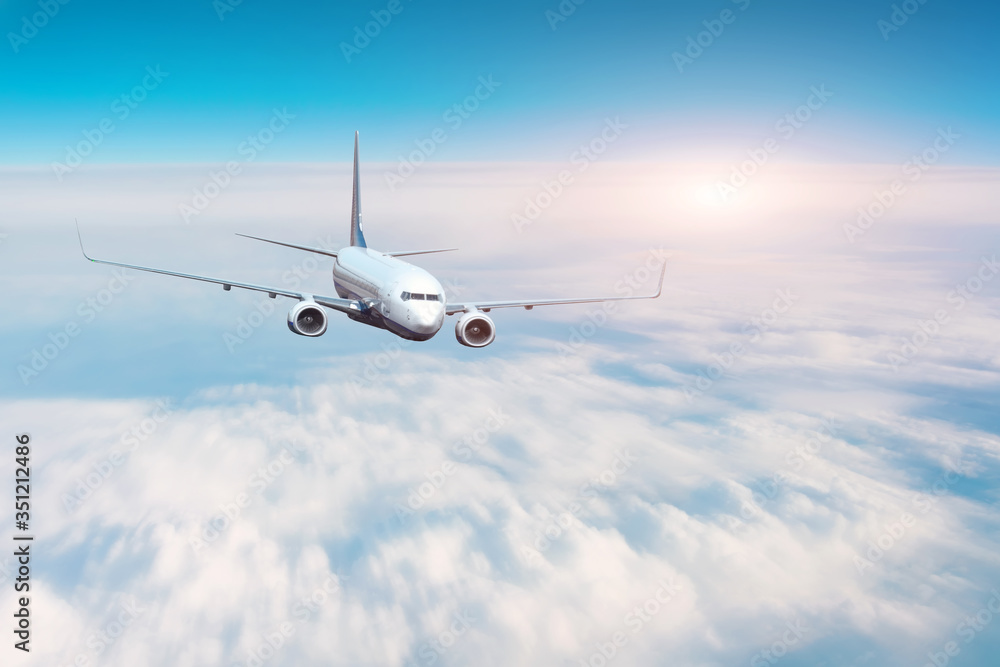 Obraz premium Passenger plane flies high above the clouds in the blue sky.