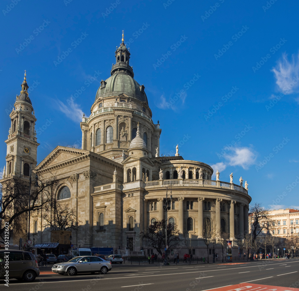 Large panoramic view of St. Stephen's Basilica in Budapest, Hungary