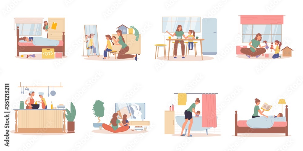 Fototapeta premium Mother preschool daughter daily life activities scene set. Parent kid morning awaking, making hairstyle, eating breakfast, playing toy doll, cooking, watching cartoons, taking bath, reading fairy tale
