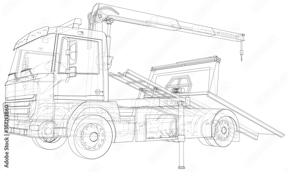 Tow truck vector. Isolated Wire-frame of breakdown lorry. Wire-frame line isolated. Vector rendering of 3d.