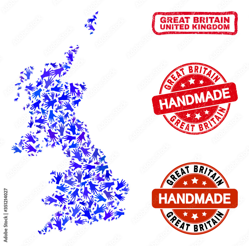 Vector handmade collage of United Kingdom map and rubber stamps. Mosaic United Kingdom map is composed of scattered blue hands. Rounded and awry red stamp imprints with corroded rubber texture. Vector handmade collage of United Kingdom map and rubber stamps. Mosaic United Kingdom map is composed of scattered blue hands. Rounded and awry red stamp imprints with corroded rubber texture.