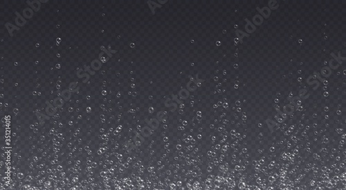 Underwater fizzing bubbles, soda or champagne carbonated drink, sparkling water isolated on a dark background. Effervescent drink. Aquarium, sea, ocean bubbles vector illustration.