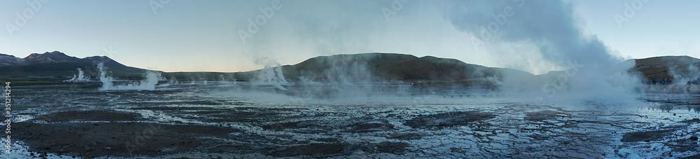 Panoramic shot at Tatio Geysers early morning. Panoramic shot at Tatio Geysers early morning.