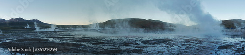 Panoramic shot at Tatio Geysers early morning.