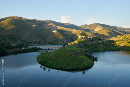 Douro wine valley region s shape bend river in Quinta do Tedo at sunset  in Portugal