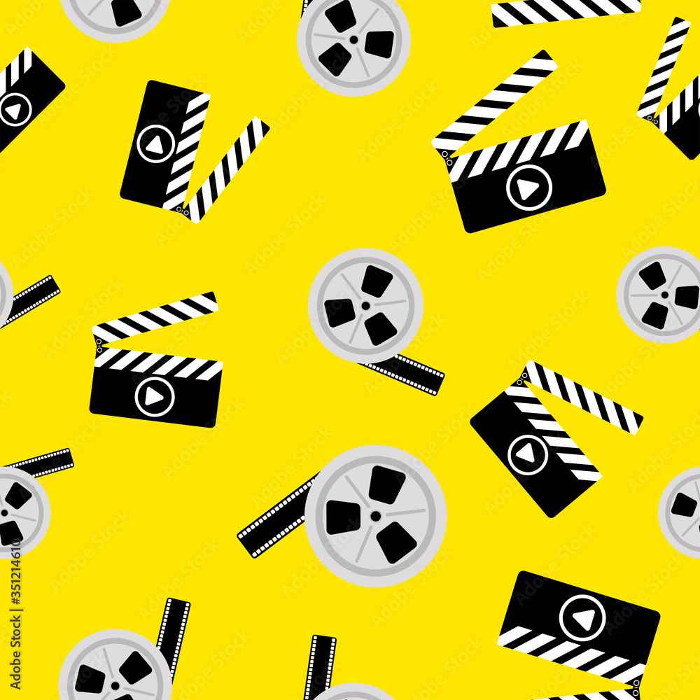 Seamless pattern of movie clapperboard and a reel of tape. Flat vector illustration. Seamless pattern of movie clapperboard and a reel of tape. Flat vector illustration.