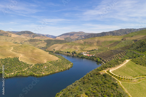 Douro river wine valley region drone aerial view, in Portugal
