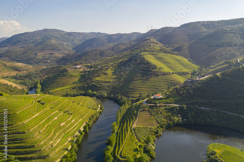 Douro river wine valley region drone aerial view, in Portugal