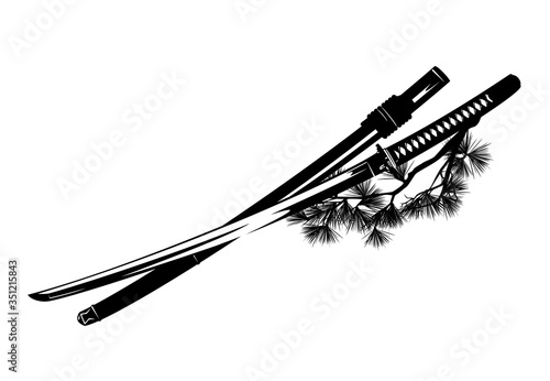 samurai katana sword and scabbard with pine tree branches - traditional japanese martial art black and white vector design