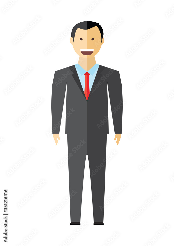 Young elegant man businessman wearing dark suit and red tie. Cartoon male character isolated on white background. Smiling face with brown eyes, black hair and big mouth with white teeth. Young elegant man businessman wearing dark suit and red tie. Cartoon male character isolated on white background. Smiling face with brown eyes, black hair and big mouth with white teeth.