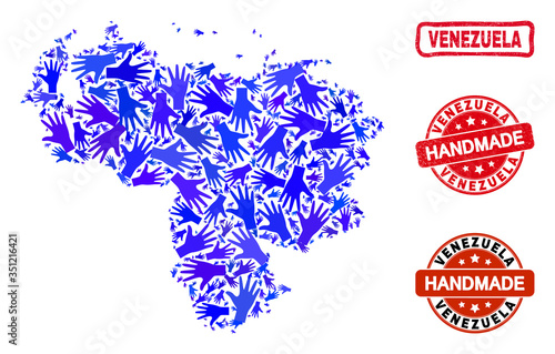 Vector handmade composition of Venezuela map and grunge stamp seals. Mosaic Venezuela map is formed with randomized blue hands. Rounded and crooked red stamp imprints with grunge rubber texture.