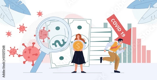 Economy financial depression coronavirus world crisis. Woman hold money coin. Man run carrying press newspaper in hand. Banknote dollar cash, virus molecule under magnifying glass. Chart arrow crash