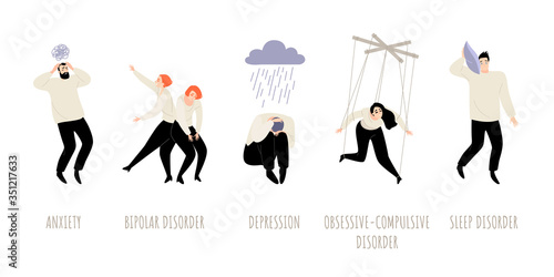 Set of mental health conceptual illustrations. People suffering from personality and sleep disorders, anxiety and obsessive actions