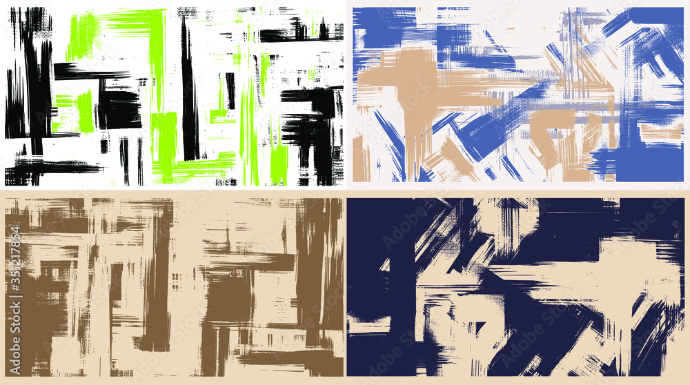 Fototapeta premium Oil paint strokes on canvas in vector format. Set of four abstract paintings, cross hatching monochrome grungy background
