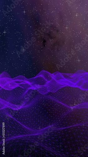 Abstract ultraviolet landscape on a dark background. Purple cyberspace grid. hi tech network. Outer space. Violet starry outer space texture. 3D illustration