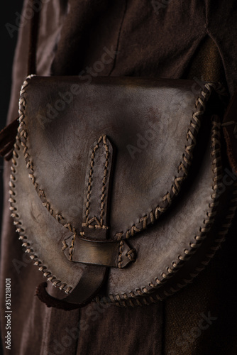 close up view of medieval Scottish brown leather bag