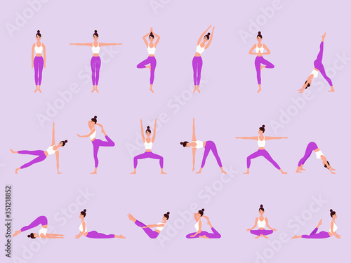 Female yoga.  Bundle of female cartoon character demonstrating various yoga position.