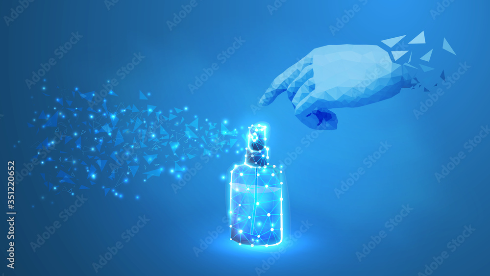 Obraz premium Hand sanitizer spray. Protect measures against Covid-19 virus. Low poly, wireframe 3d Raster illustration. Abstract polygonal image on blue neon background