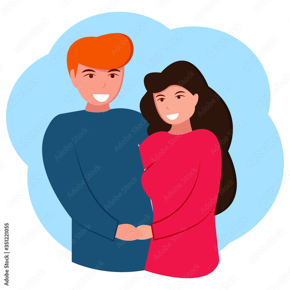 Husband and wife, happy married couple, lovers, who hug. Vector illustration with male and female together in flat style