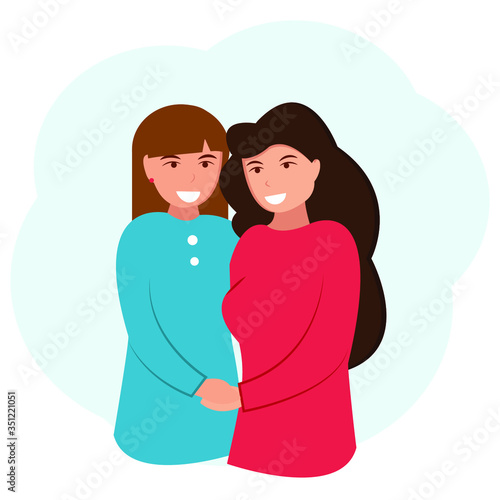 Girlfriends, same-sex marriage, lesbians, who hug. Vector illustration with two women together in flat style