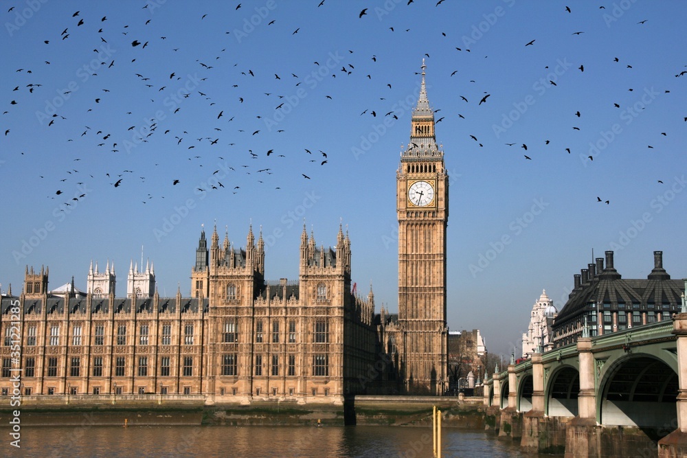 London city, England. Black birds over city. London city, England. Black birds over city.