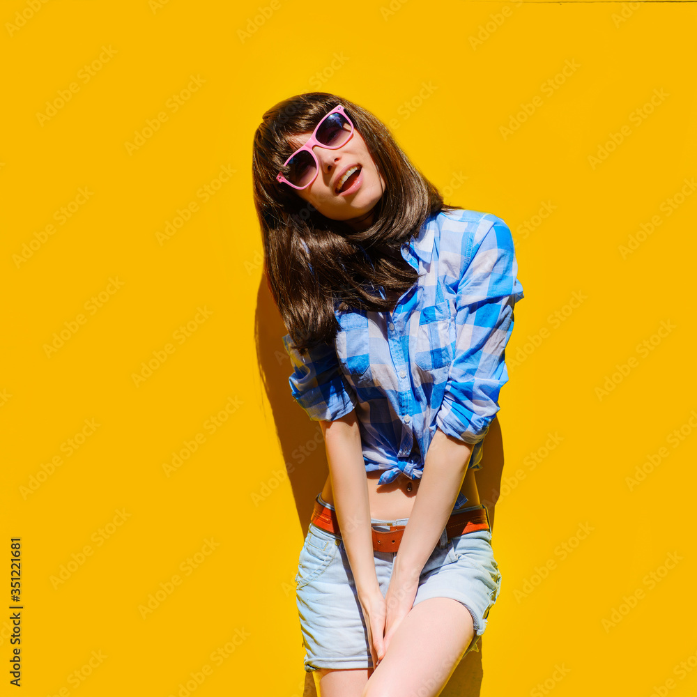 portrait of a beautiful girl in bright blue shirt girl with glasses portrait of a beautiful girl in bright blue shirt girl with glasses