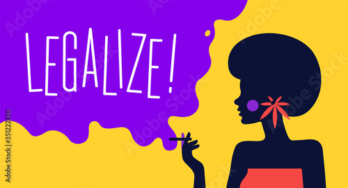 Modern flat character. Character of woman girl with cigarette. Woman smoking a cigarette on color bright background, legalize cannabis concept. Colorful contemporary art style. Vector Illustration