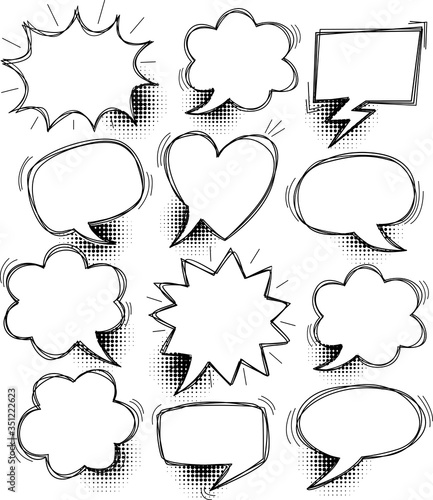 Hand drawn comic speech bubble on halftone background, vector illustration