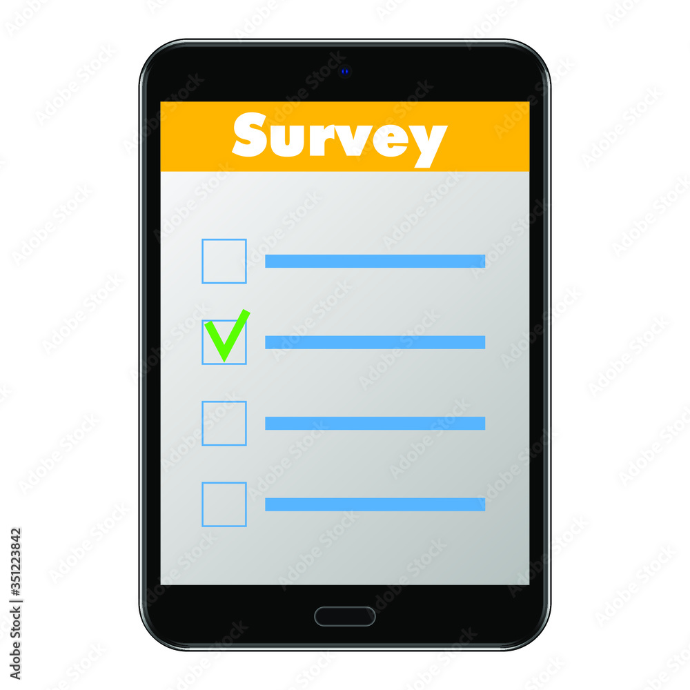 Online form survey. Computer tablet with checklist on screen. Stock vector illustration on white isolated background. Online form survey. Computer tablet with checklist on screen. Stock vector illustration on white isolated background.