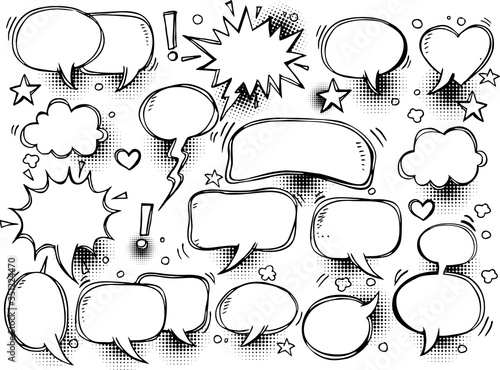 Hand drawn comic speech bubble on halftone background, vector illustration