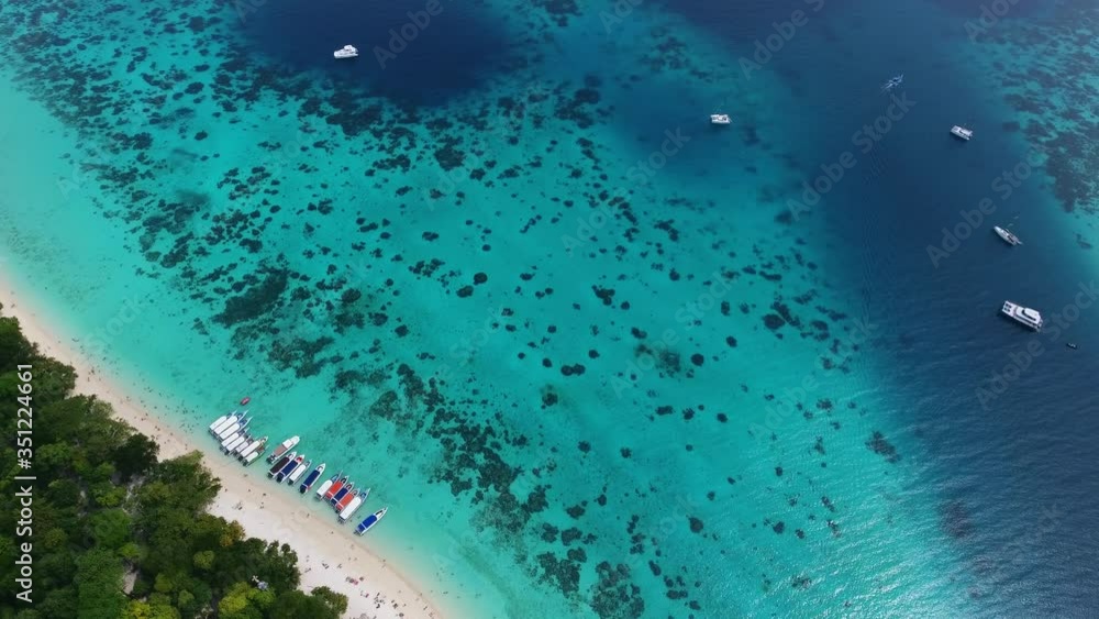 Aerial top view of beauty tropical beach, corals and sea on Koh Rok island, Thailand, 4k Aerial top view of beauty tropical beach, corals and sea on Koh Rok island, Thailand, 4k