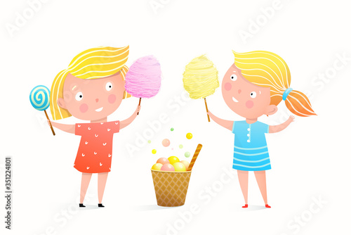 Two little girls eating candy cotton, lollipop and ice cream at fair or festival. Cute cartoon of children friends sharing sweets, childhood illustration in watercolor style. Vector isolated clipart.
